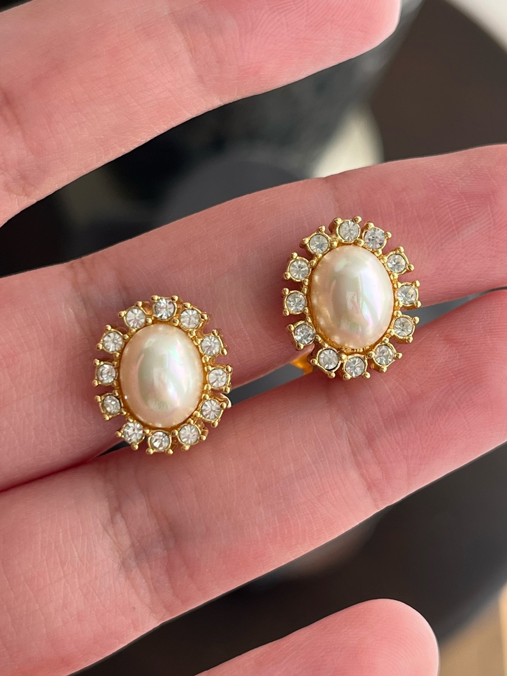 Authentic Vintage Dior Starburst Oval Pearl Rhinestone Mini Gold Clip Earrings